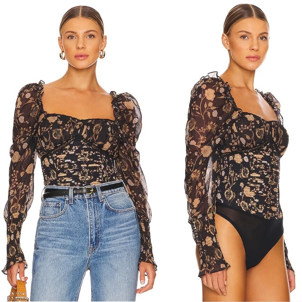 NWOT💕Free People Brunch Date Bodysuit in Black Combo Size XS